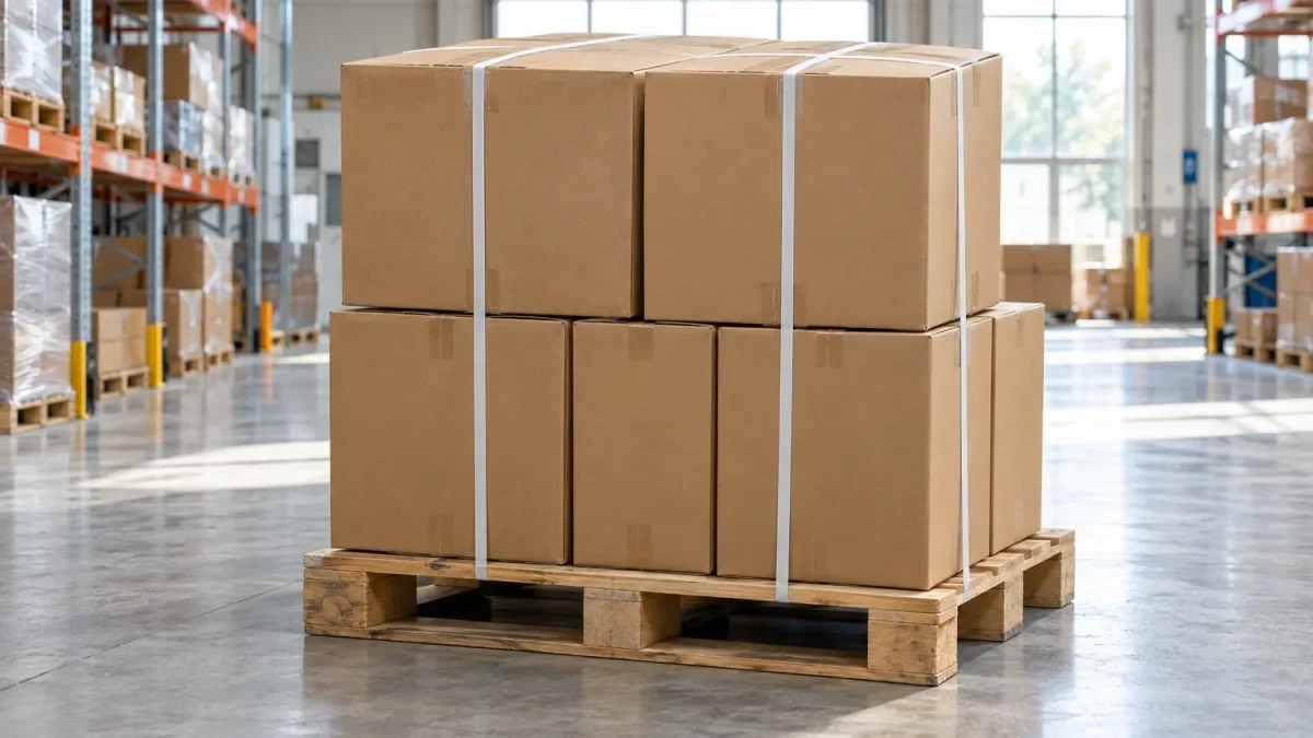 Tumpukan kardus sedang yang diikat di atas pallet di dalam gudang yang terang