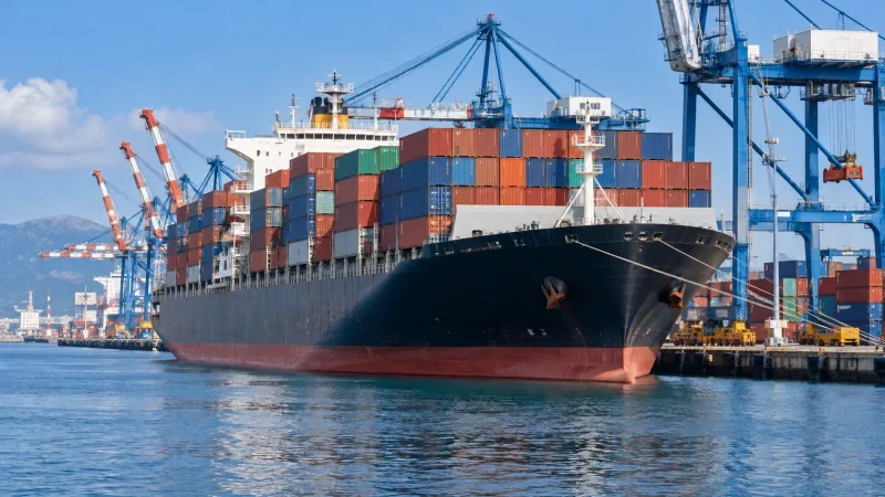 Kapal kontainer besar bersandar di pelabuhan dengan tumpukan kontainer pada siang hari