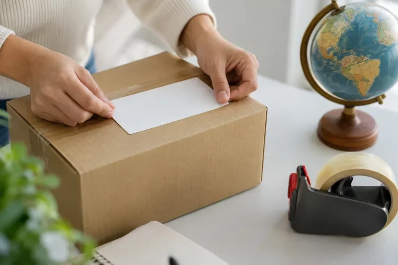 Tangan menempelkan label alamat pada kardus paket internasional di samping globe