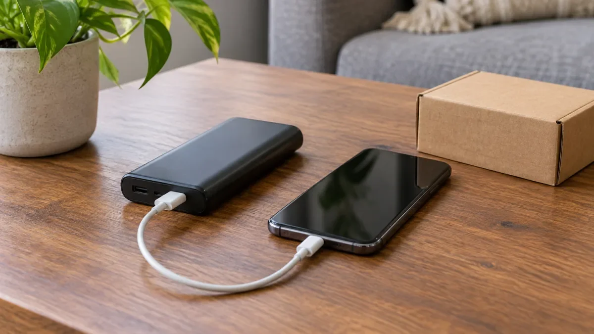 Powerbank dan ponsel dengan kabel pengisi daya di atas meja di samping kardus kecil
