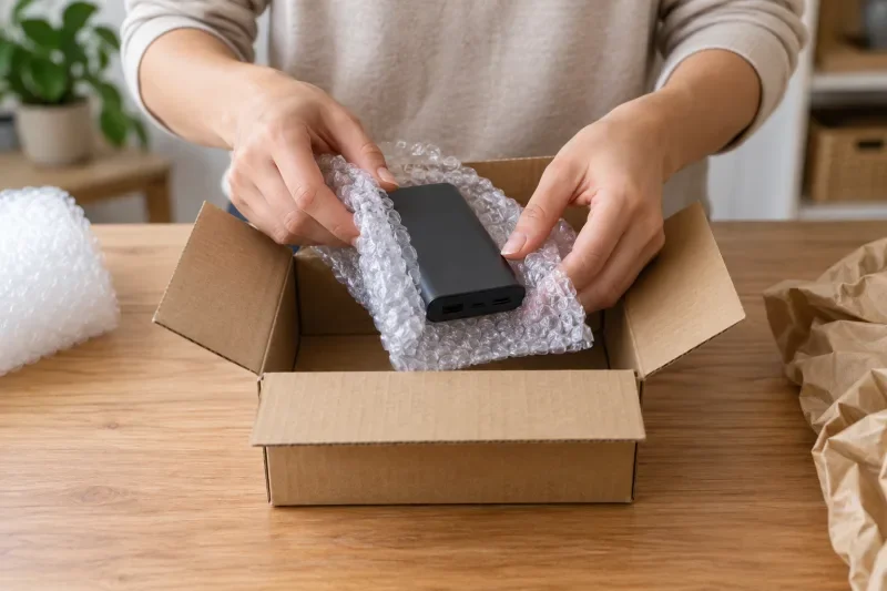 Tangan membungkus powerbank dengan bubble wrap sebelum dimasukkan ke kardus kecil
