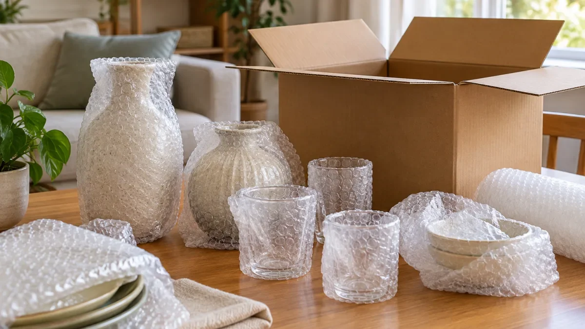 Vas keramik, gelas, dan mangkuk berbungkus bubble wrap di meja dekat kardus terbuka