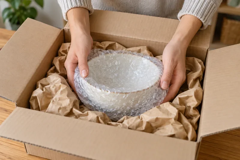 Tangan menempatkan mangkuk keramik berbungkus bubble wrap ke dalam kardus berbantalan kertas kraft