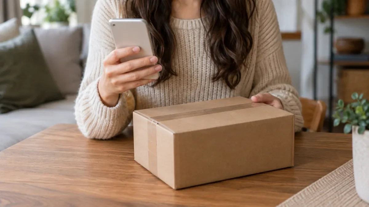 Seseorang memegang ponsel dengan layar menghadap ke arah lain di dekat paket di atas meja di rumah