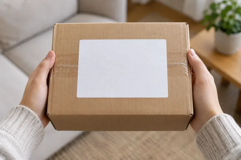 Tangan memegang paket tertutup dengan label putih kosong di atas meja