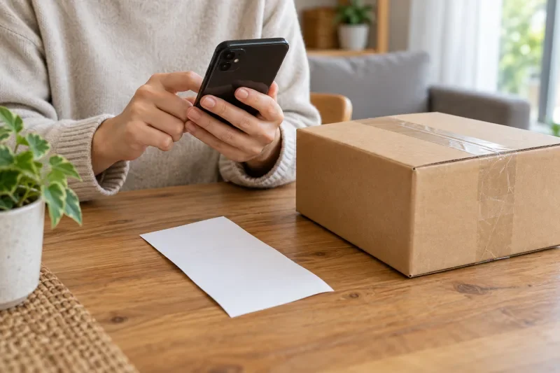 Tangan memegang ponsel di dekat kardus paket yang dilakban dan secarik kertas kosong di atas meja kayu