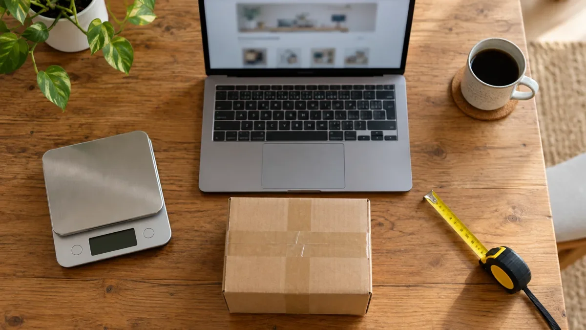 Meja kayu dengan laptop, timbangan digital, pita ukur, dan kardus paket kecil yang sudah dilakban