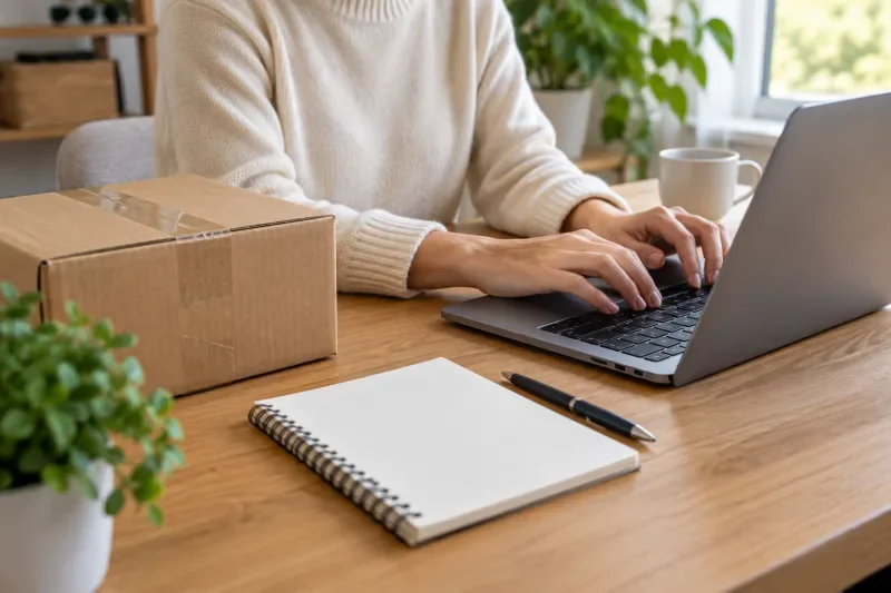 Seseorang mengetik di laptop di samping kardus paket yang sudah dilakban dan buku catatan kosong di meja kerja