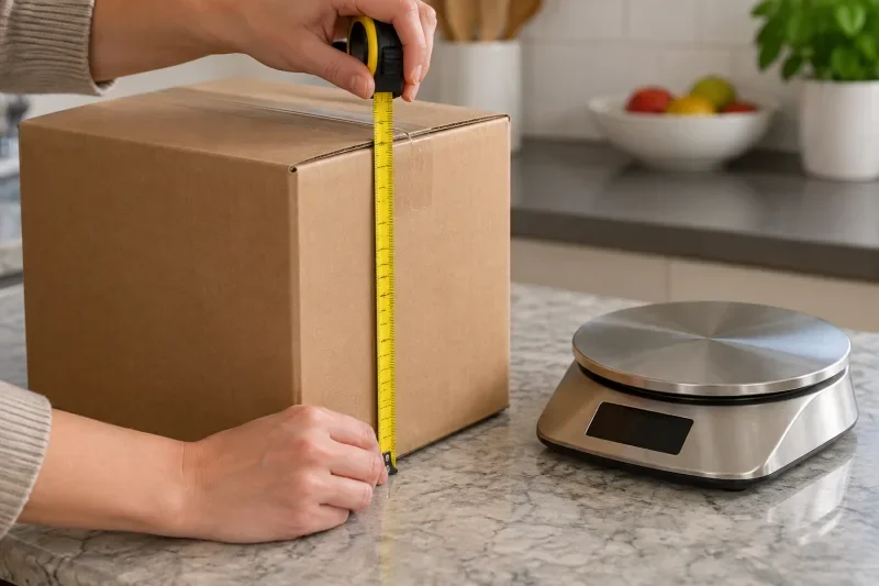 Tangan mengukur tinggi kardus paket dengan meteran kuning di samping timbangan digital di meja dapur