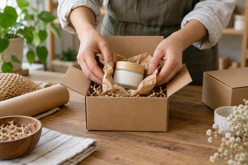 Tangan menempatkan jar kosmetik berbungkus kertas ke dalam kardus kecil berisi serutan kertas