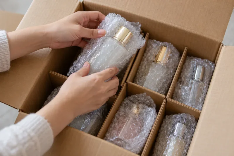 Botol kaca kosmetik dibungkus plastik gelembung dan disusun dengan sekat kardus di dalam kotak