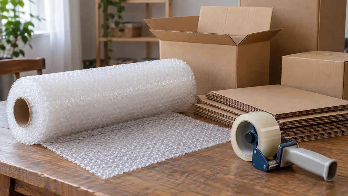 Gulungan bubble wrap, lakban, lembar kardus, dan kardus kosong tertata di atas meja