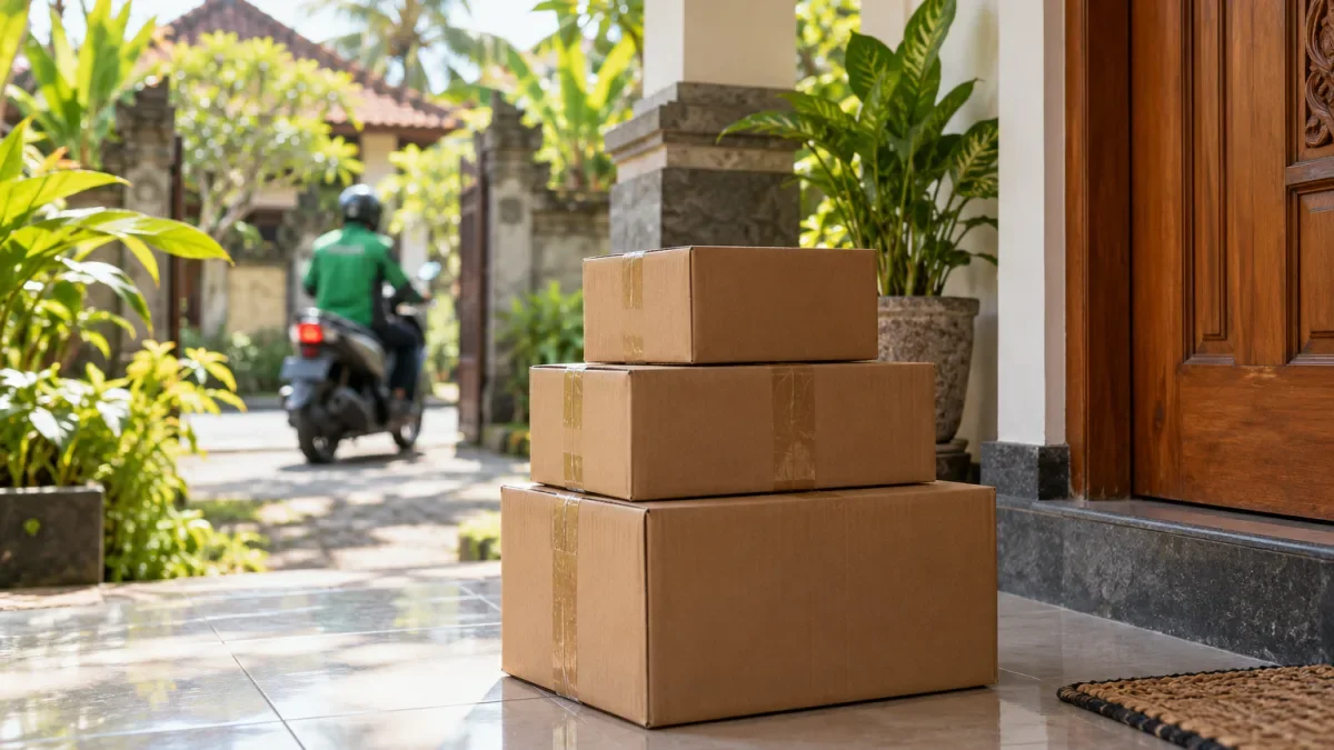 Tiga kardus paket tertumpuk di teras rumah bergaya tropis dengan kurir bermotor yang tampak dari belakang