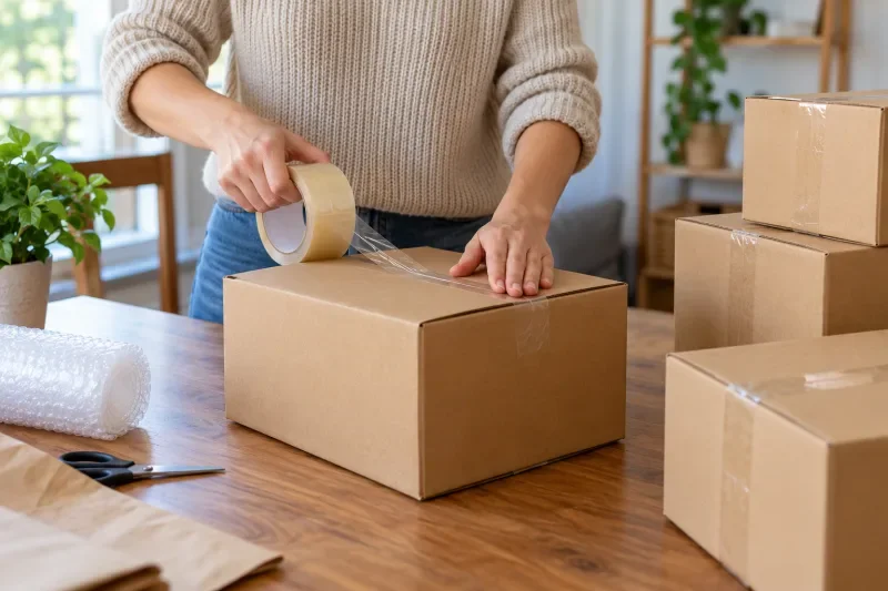 Tangan merekatkan lakban pada kardus paket di meja rumah dengan tumpukan kardus lain di sebelahnya