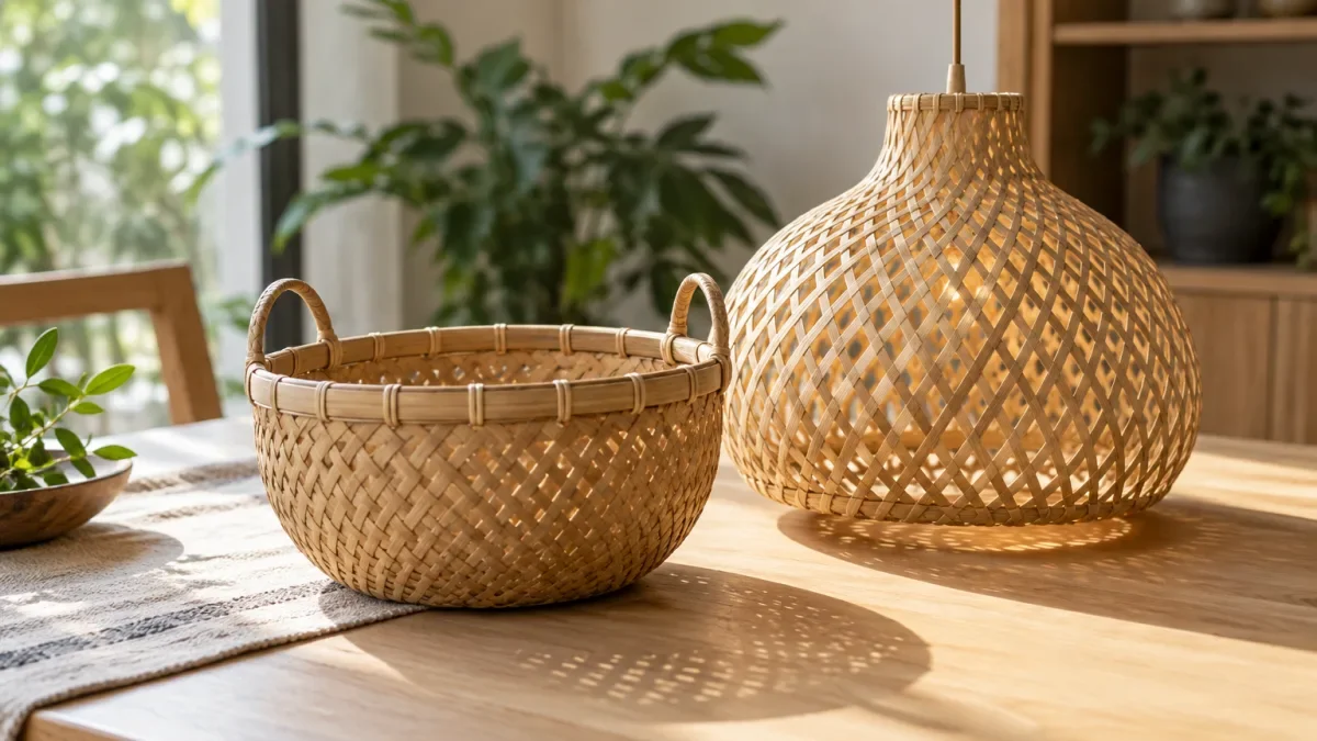 Keranjang anyaman bambu dan kap lampu bambu buatan tangan di atas meja kayu terang