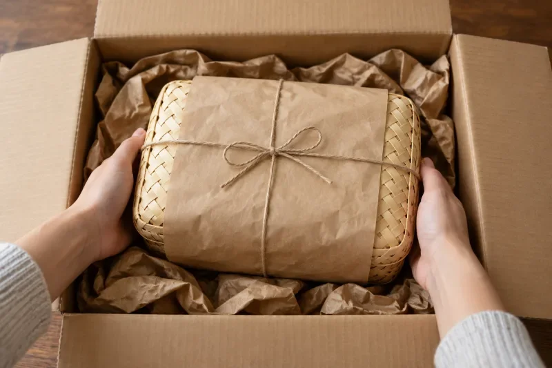 Keranjang anyaman bambu dibungkus kertas kraft dan ditempatkan di dalam kardus dengan pengisi kertas