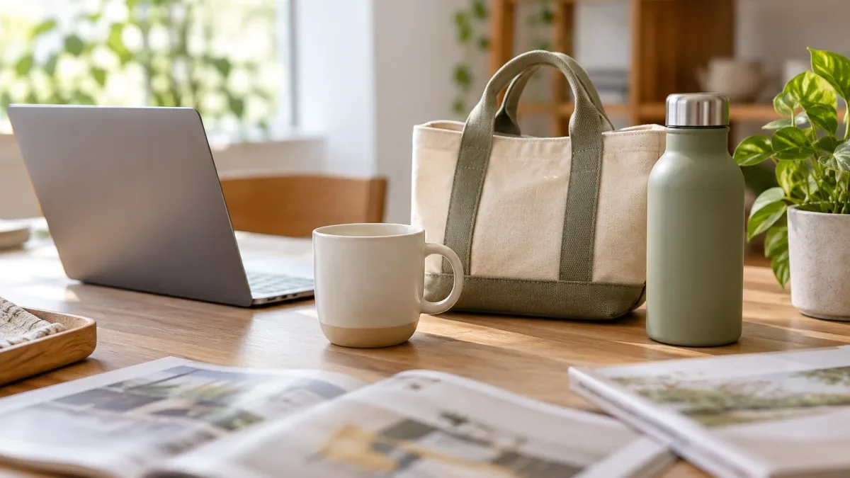 Cangkir keramik, tas, dan botol di meja dekat laptop dan katalog cetak yang buram