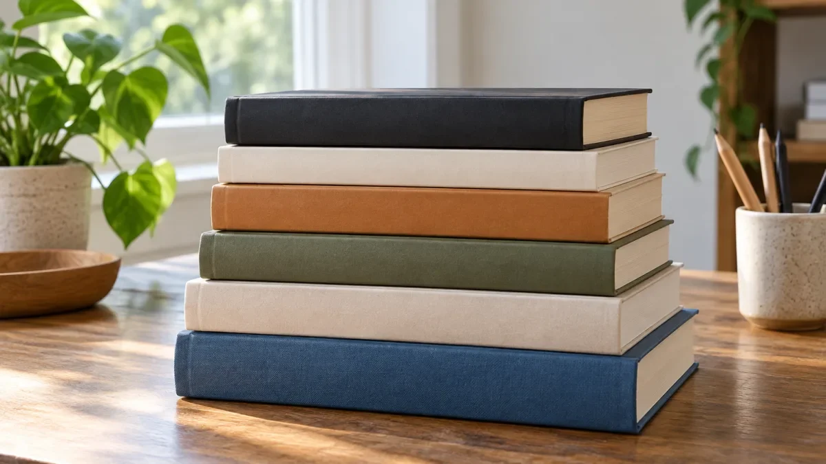 Tumpukan buku dengan punggung polos di atas meja kayu dalam cahaya alami