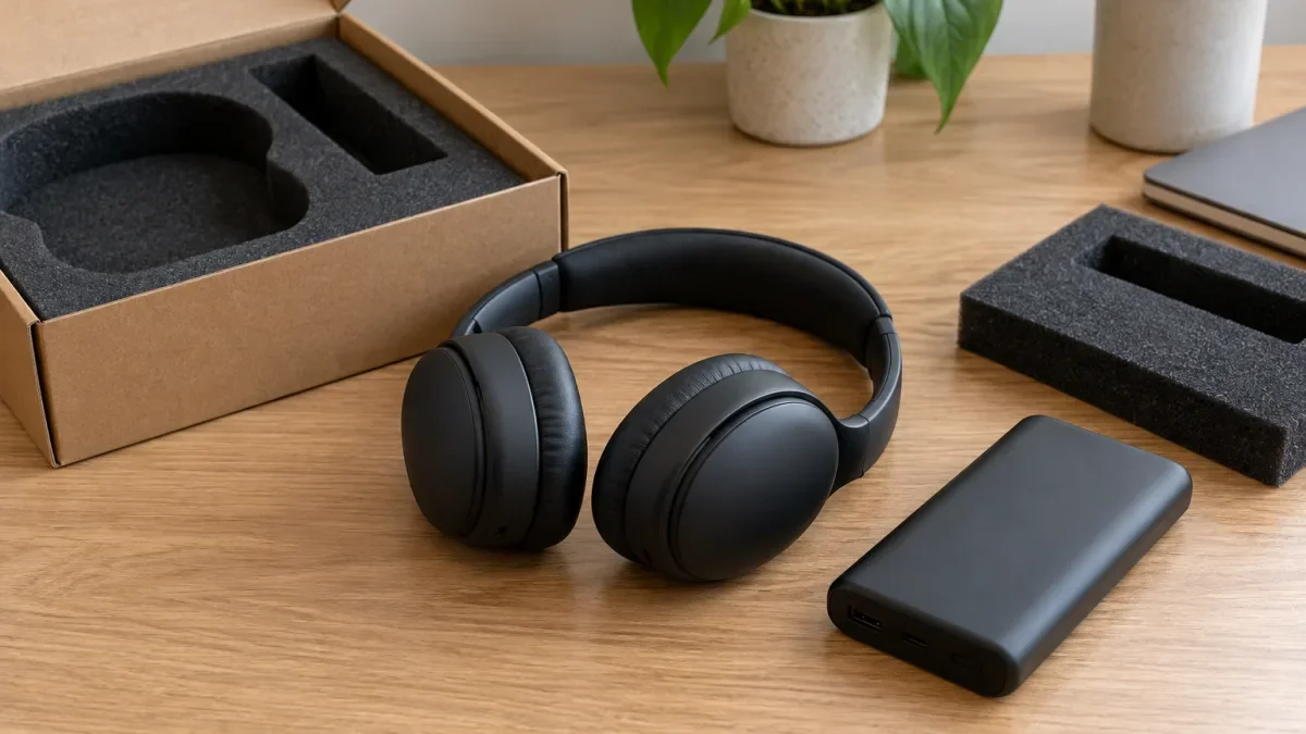 Headphone nirkabel dan power bank di meja kerja dengan bantalan busa dan kardus pengiriman