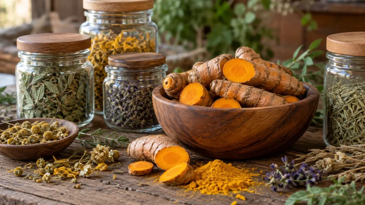 Herbal kering dan akar kunyit dalam toples kaca dan mangkuk kayu di atas meja rustic