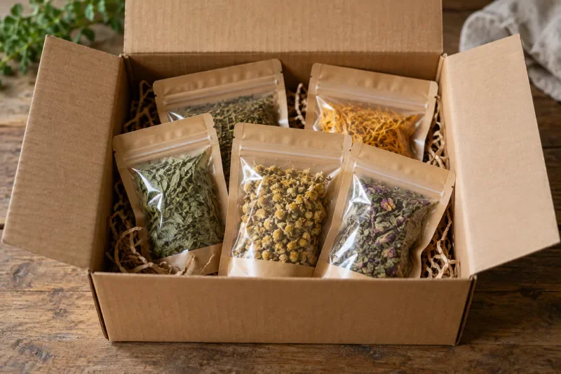 Herbal kering dalam kantong tertutup tersusun di dalam kardus kraft