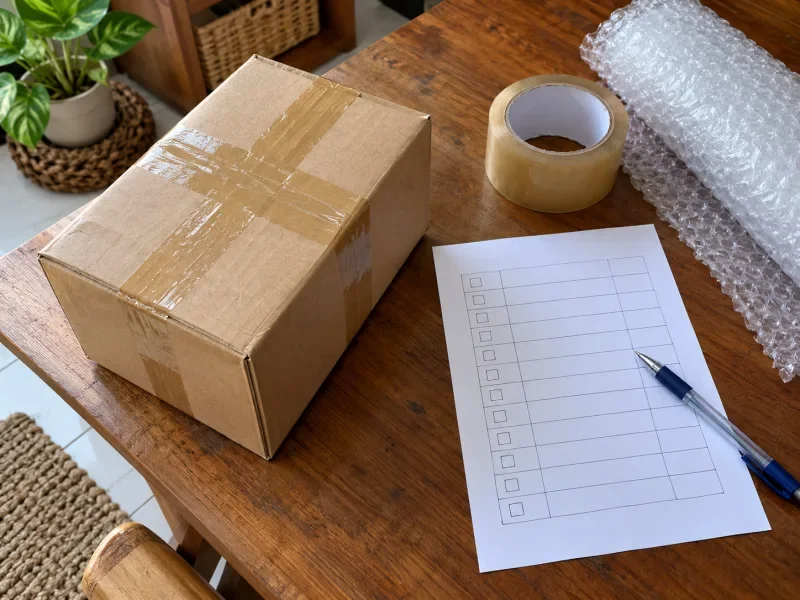 Kardus paket yang sudah dikemas rapi di samping lembar daftar isi paket dan pena di atas meja