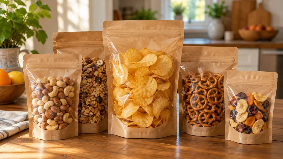 Lima kantong kertas kraft berisi kacang, granola, keripik, pretzel, dan buah kering di atas meja dapur