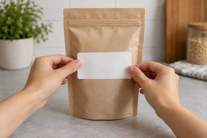 Tangan menempelkan label putih kosong pada kantong kertas kraft untuk makanan