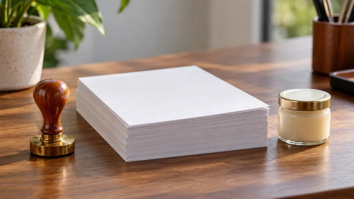 Tumpukan kertas kosong dengan stempel kayu dan sebuah toples produk kecil di atas meja kerja