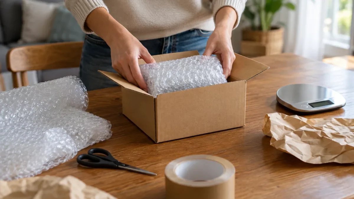 Pengirim membungkus barang dengan bubble wrap ke dalam kardus kecil di meja rumah, dengan timbangan dan lakban di dekatnya