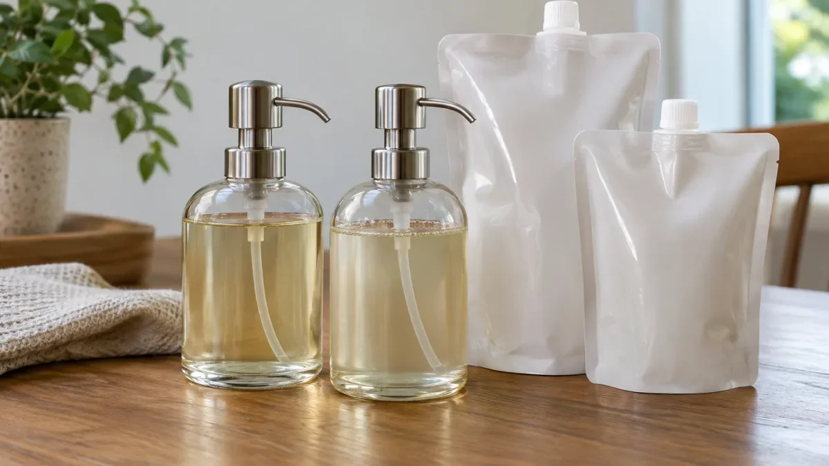 Botol kaca isi ulang dan kantong refill sabun cair polos tersusun di atas meja