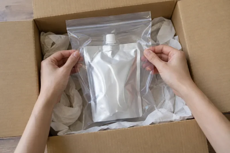 Kantong isi ulang dalam kantong plastik berzip diletakkan di dalam kardus dengan kertas penyerap, tangan merapikan isinya