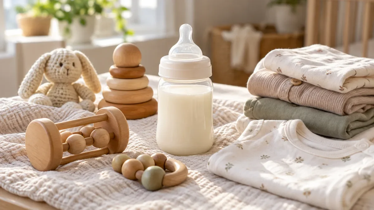 Mainan kayu bayi, pakaian bayi, dan botol susu polos di atas kain lembut dengan cahaya jendela