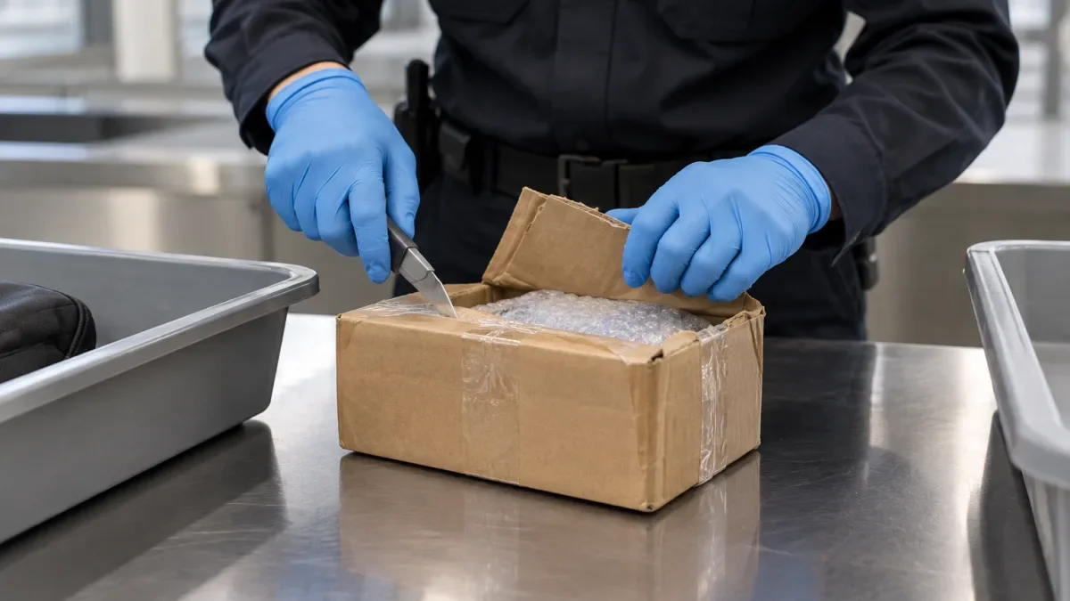 Petugas berseragam gelap dan bersarung tangan biru membuka paket kecil berisi bubble wrap di atas meja stainless