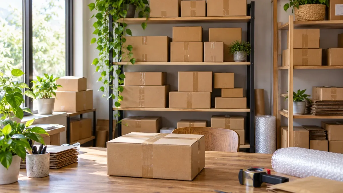 Banyak kardus paket bertumpuk di rak pojok packing usaha rumahan