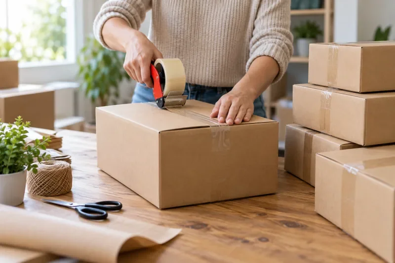 Tangan merekatkan lakban pada kardus paket dengan tumpukan paket siap kirim di sampingnya
