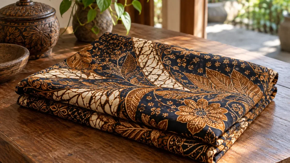 Kain batik bermotif rumit terlipat rapi di atas meja kayu dengan cahaya alami