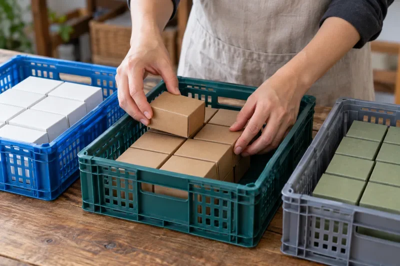 Tangan menata kotak-kotak kecil ke dalam peti plastik berwarna biru, hijau, dan abu-abu di atas meja kayu