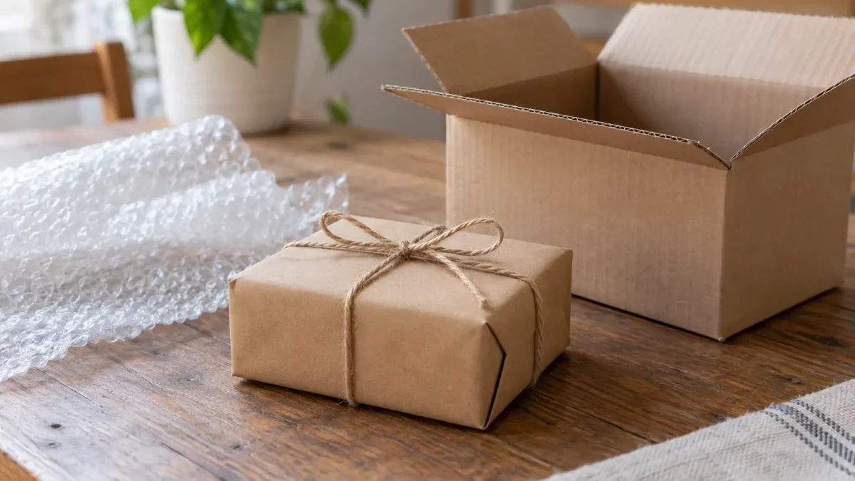 Hadiah kecil terbungkus kertas kraft dengan tali goni di samping kardus terbuka dan gulungan plastik gelembung di meja kayu